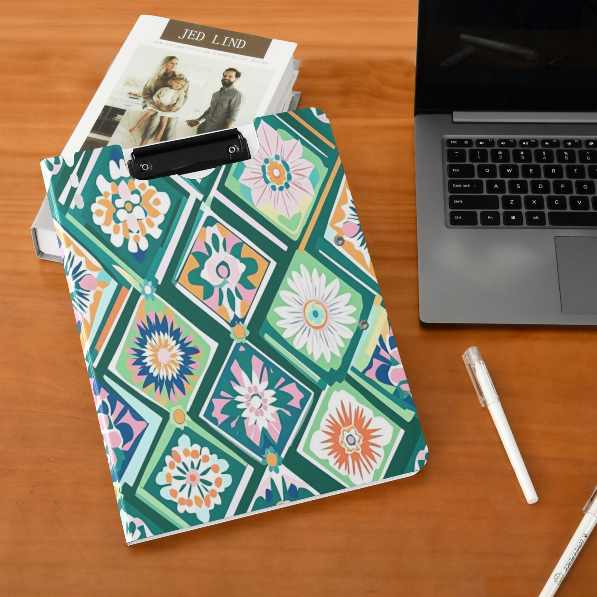 FORMRS A4 Clipboard Folder with Pen Holder Horizontal Foldable School Office Binder, Green Geometric Flowers