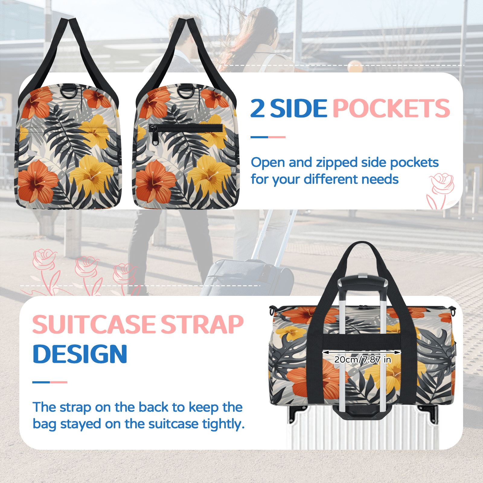 Herdesigns Tropical Leaves Flower Gym Bag for Women, Duffle Bag for Travel Sport, Floral Lightweight Waterproof Carry on Weekender Dance Yoga Workout Bags