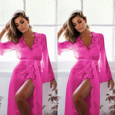 GZWYHT Nightgowns for Women Clearance Plus Size Pajamas Women Lingerie Babydoll Sleepwear Underwear Lace Coat Nightwear +G-string Women S Nightgowns & Sleepshirts Babydoll Lingerie  Hot Pink M