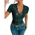 thumbnail image 2 of Mesh Top for Women Short Sleeve Crew Neck Fitted Top Solid Floral Lace Tee Shirts V Neck Sheer Blouses Dark Green S, 2 of 7