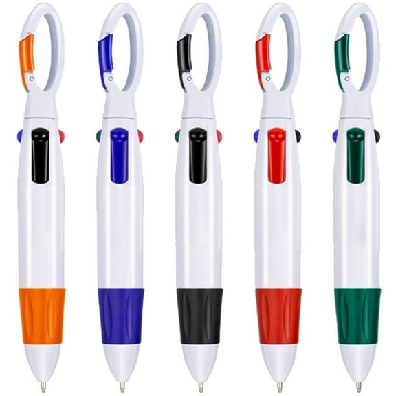 5 Pcs Retractable Shuttle Pens 4 Color in One Ballpoint Pen with Buckle Clip on Top Multi-Color Carabiner Keychain for Office Supplies