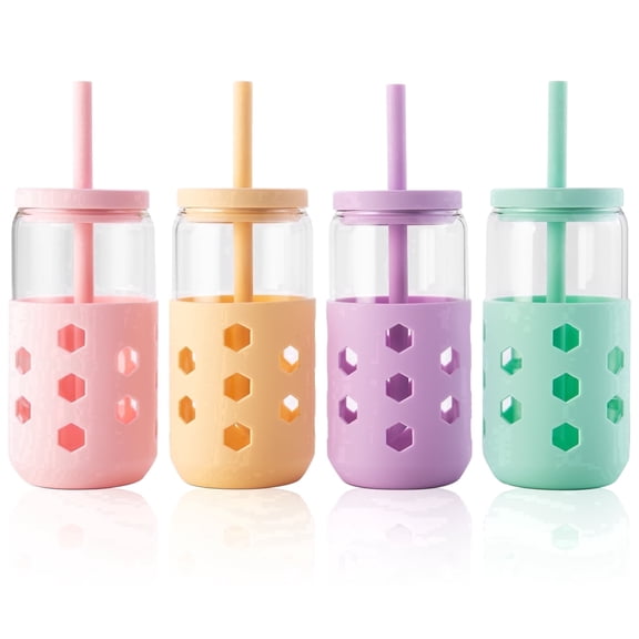 Mrsdry Glass Cups with Silicone Lids and Straws (4 Pcs), 16oz Drinking Glasses Set with Silicone Sleeves for Coffee Bar Accessories Iced Coffee Cups with Lids, Glass Tumbler Reusable for Gifts