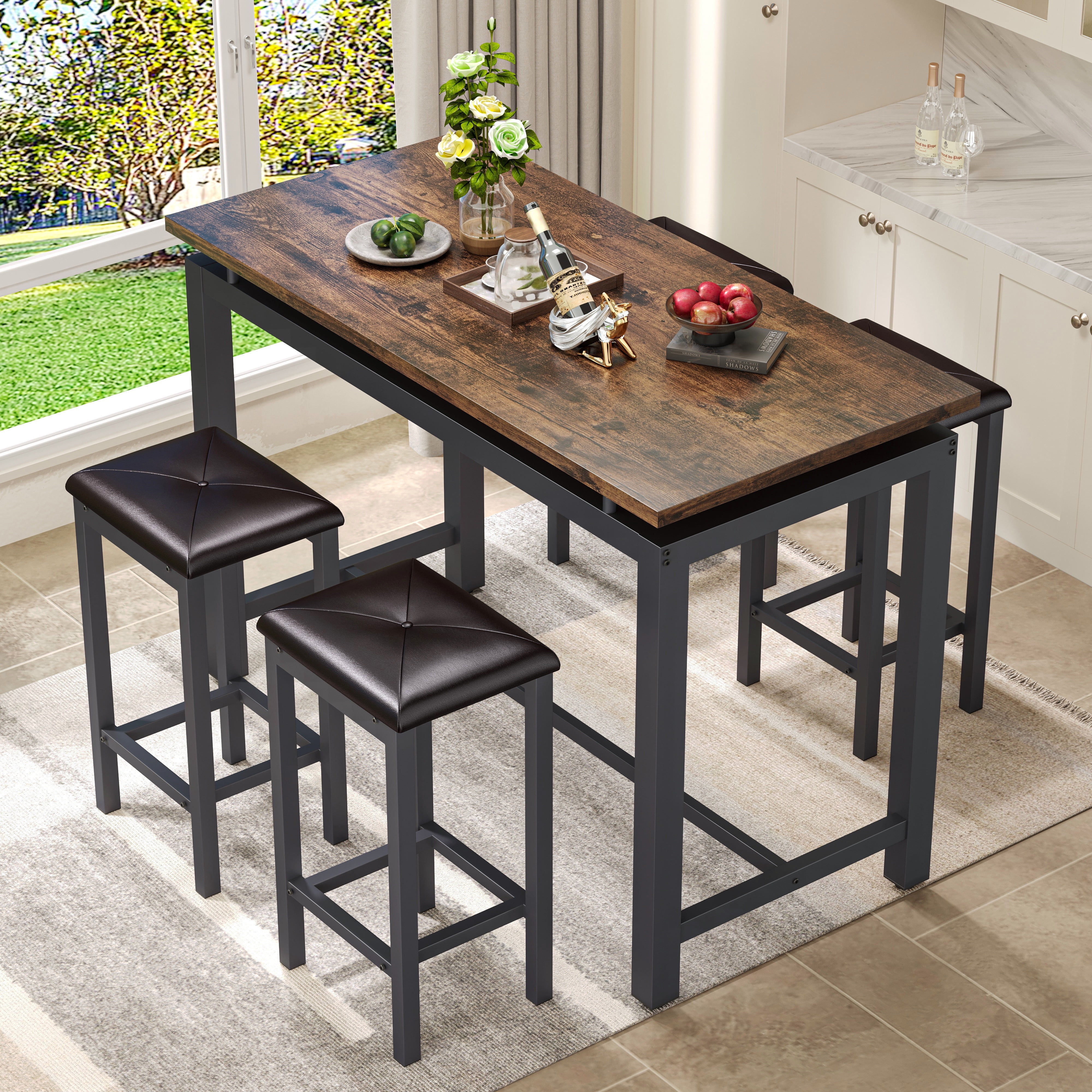 Counter Height Table Set of 5, Breakfast Bar Table and Stool Set, Minimalist Dining Table with Backless Stools, Wood Top Pub Table & Chair Set for Kitchen Apartment Bistro - Space Saving