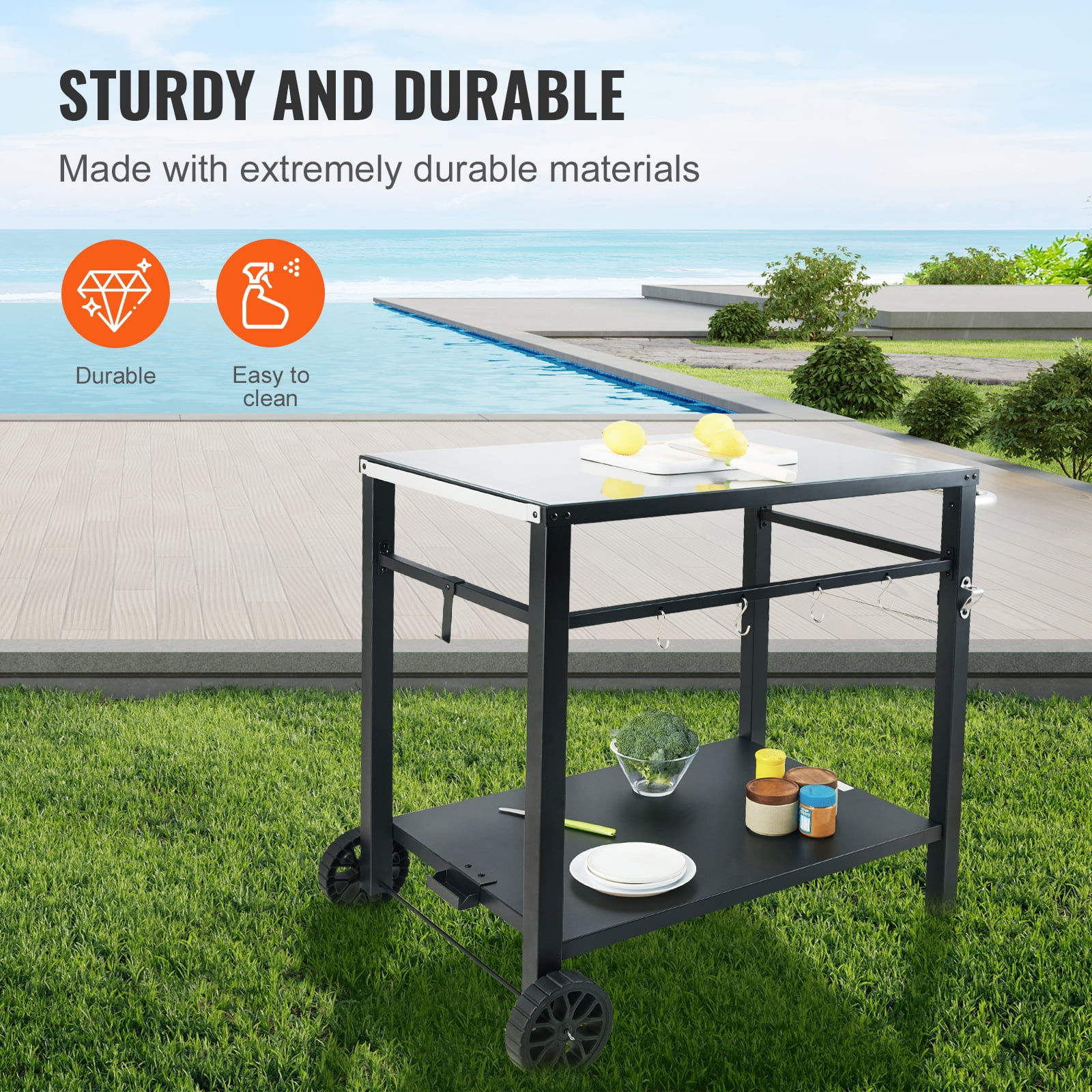KFFKFF Outdoor Grill Cart with PVC Table Mat, 2 Tier Portable Modular Carts for Pizza Oven BBQ Mobile Grill Cart Food Preparation for Garden, Backyard