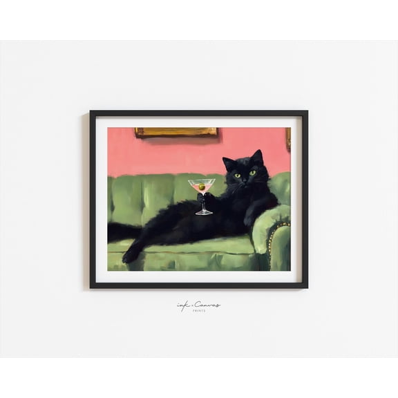 Retro Black Cat Martini Wall Art Bar Cart Decor Cocktail Art Bar Decor Vintage Black Cat Poster Eclectic Wall Art Cute Cat Art UNFRAMED Poster, Wall Art for Decor, Present, 8x12