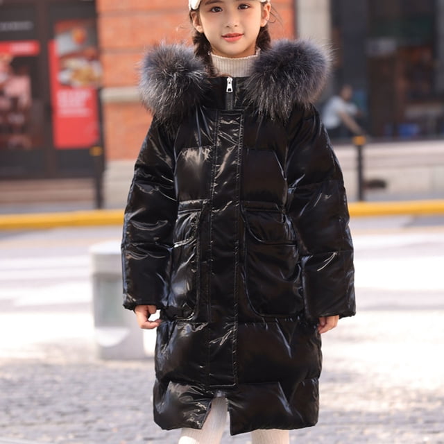 Parkas de manga larga para niños, de invierno, de color liso, gruesas, rellenas de plumón, resistentes al viento y cálidas, con capucha, chaqueta de longitud media, con cuello grande, para niñas, part