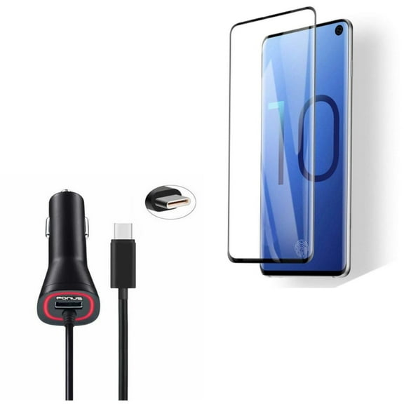 Galaxy S10  3.4A Car Charger w Tempered Glass Screen Protector - Type-C Power Adapter, [Fingerprint Works] 3D Curved Edge Full Cover for Samsung Galaxy S10