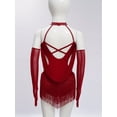 thumbnail image 5 of SiiRoh Girls Sparkly Fringe Jazz Latin Dance Leotard Ruched Mesh Drapes Cutout Bodysuit with Gloves Burgundy 12, 5 of 7