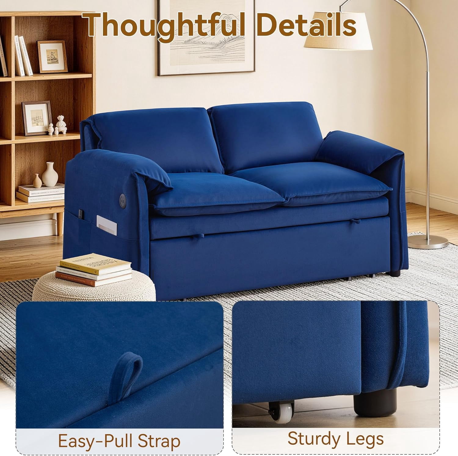 63" Velvet Pull Out Couch, 3-in-1 Convertible Sleeper Sofa Bed with Adjustable Backrest, USB Charging Ports, Side Pockets, Modern Loveseat for Living Room, Bedroom, Apartment, Blue
