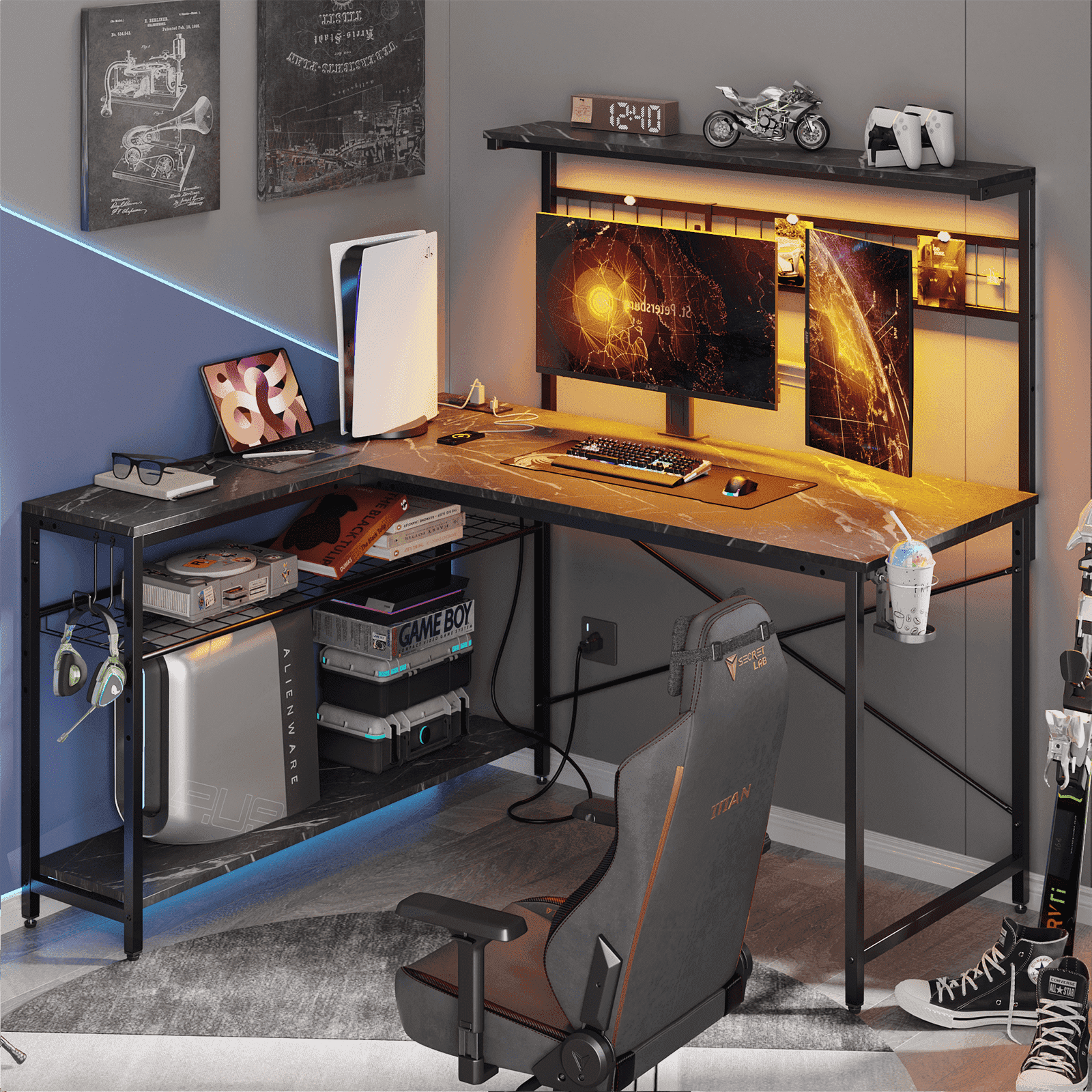 Bestier 51 L Shaped Gaming Desk with Power Outlets, LED Workstation with 4 Tiers Shelves for Home Office, Gamer Reversible Table with Hooks and Cup Holder, Black Marble