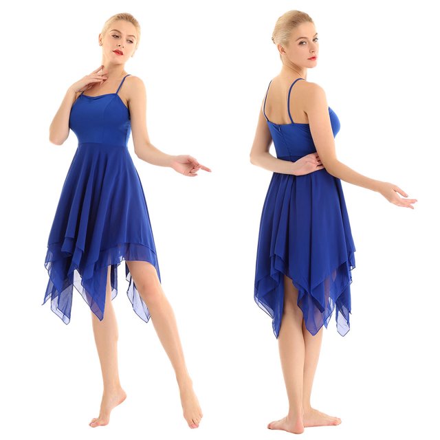 inhzoy Robe de Danse Lyrique pour Femmes en Chiffon Bretelles Spaghetti Asymétrique Robe de Bal Bleu TTG