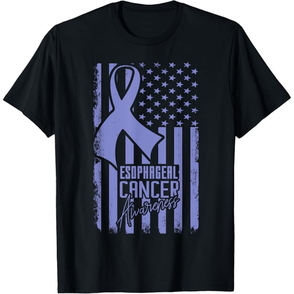 Esophageal Cancer Awareness American Flag Periwinkle Ribbon T-Shirt