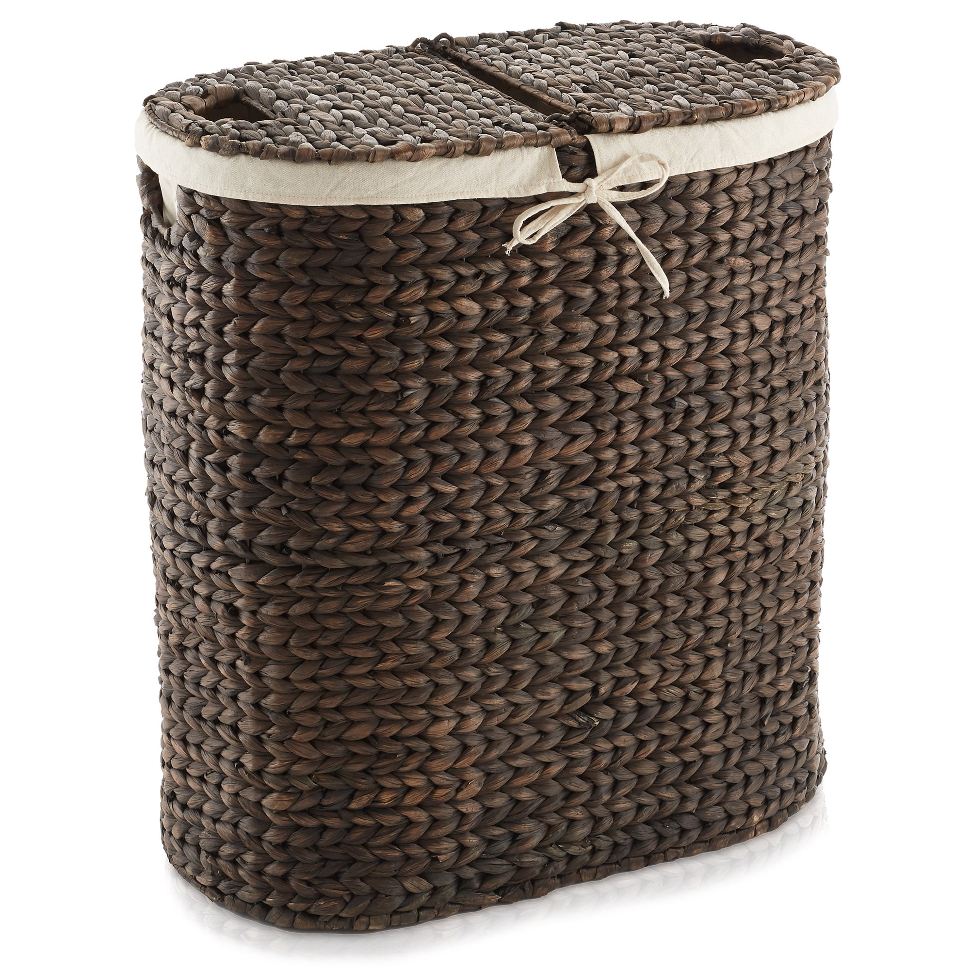 Casafield Oval Laundry Hamper with Lids and Removable Liner Bags - Espresso Dark Brown, Woven Water Hyacinth 2-Section Laundry Basket for Clothes