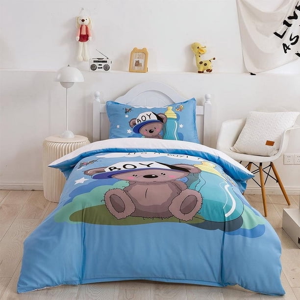 3D Cartoon Animal Bear Blue Quilt Cover Set Ropa de Cama Set Funda Nórdica Fundas de almohada