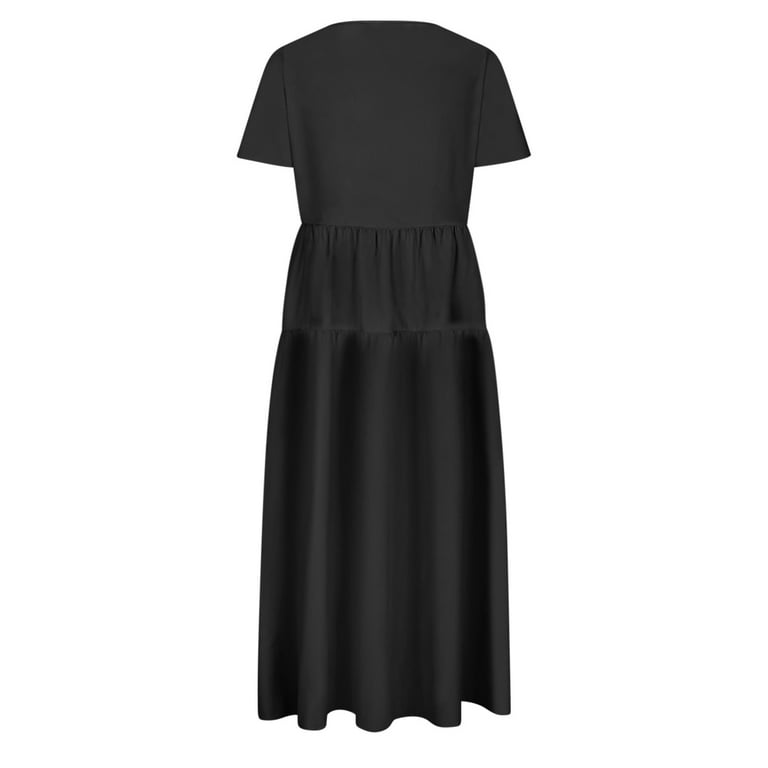 black smock dress short sleeve Dresses for Women 2024 Short Sleeve Solid High Waist Ruffle Hem Smock Dress Long Maxi Fashion Dress Black at Amazon Women's Clothing store