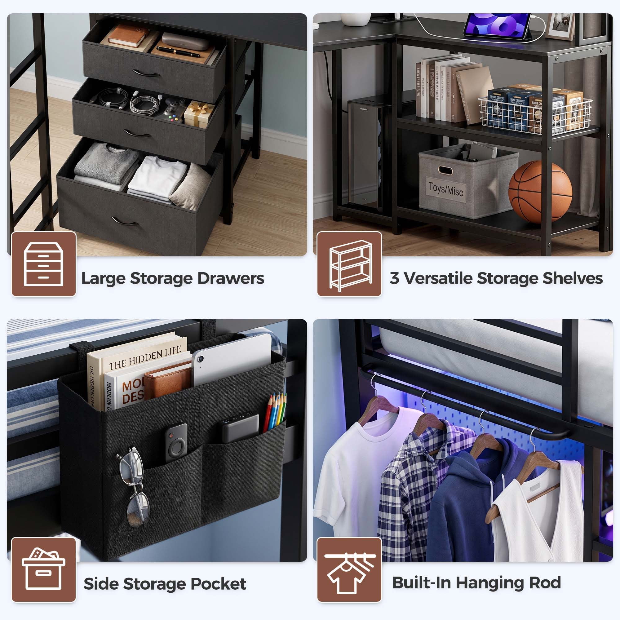Miniyam Twin Loft Bed with L-Shaped Desk and Storage, LED Light and Charging Station, Black