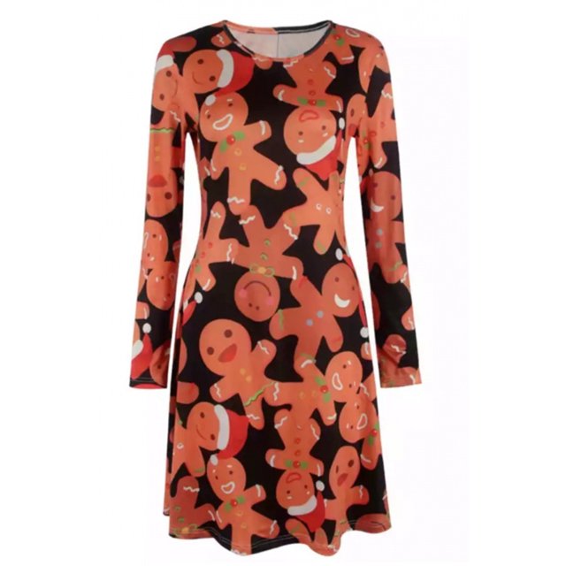 Fashnice Robe de Noël pour Femmes Col Rond Mini Manches Longues Arbre de Noël Balançoire Sourire 2TG