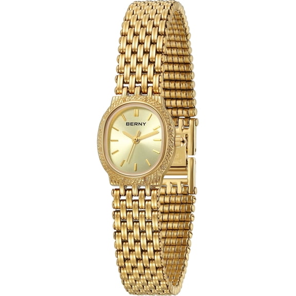 BERNY Small Gold Watches for Women, Dainty Vintage Oval Dial Stainless Steel Bracelet Watch, Adjustment Tool Included, Waterproof, Minimalist Luxury Ladies Analog Quartz Wrist Watch (Gold)