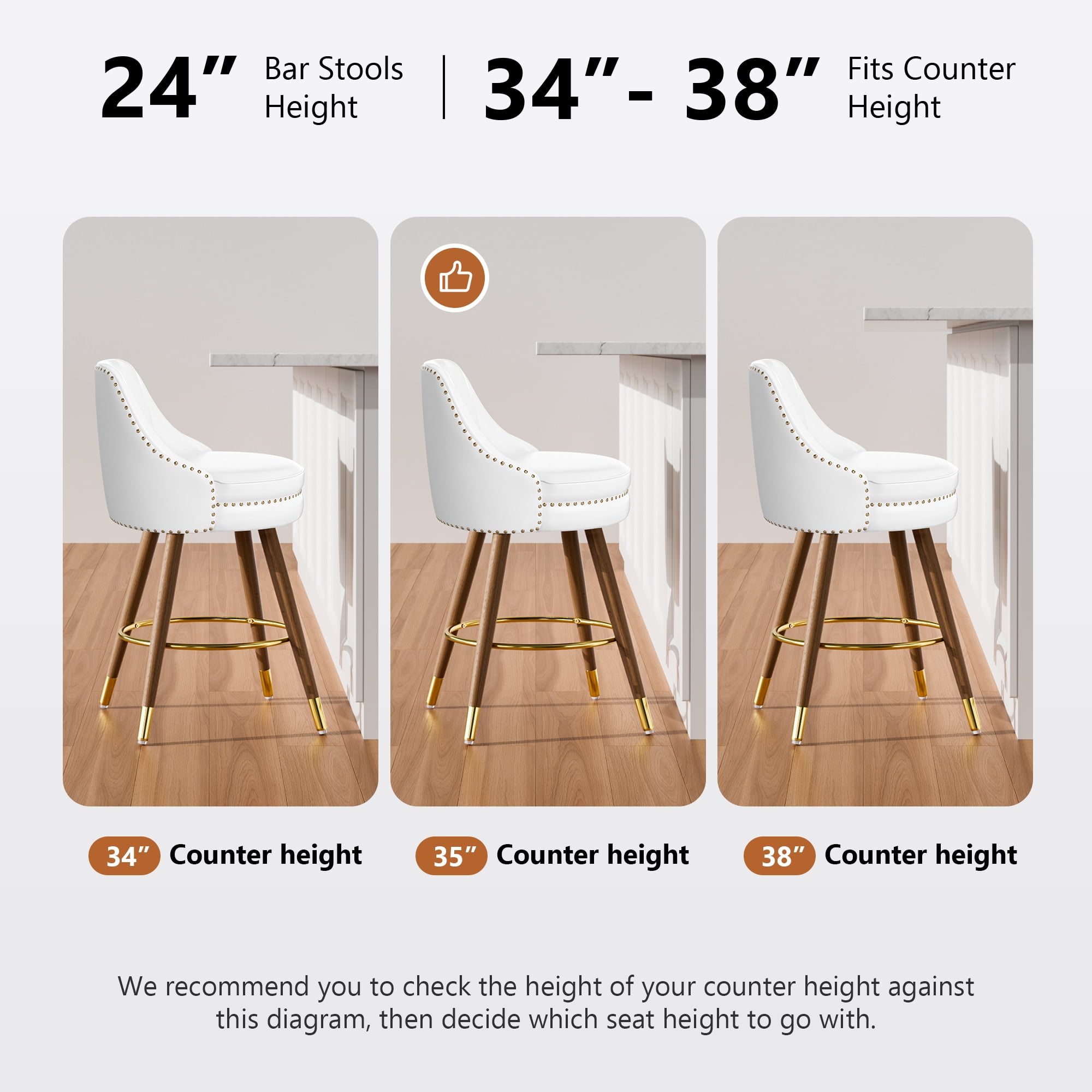 Genpo 24" Counter Height Bar stools Set of 2, White Leather Bar Stools with Backs, Swivel Counter Stools with Wooden Legs For Kitchen Island
