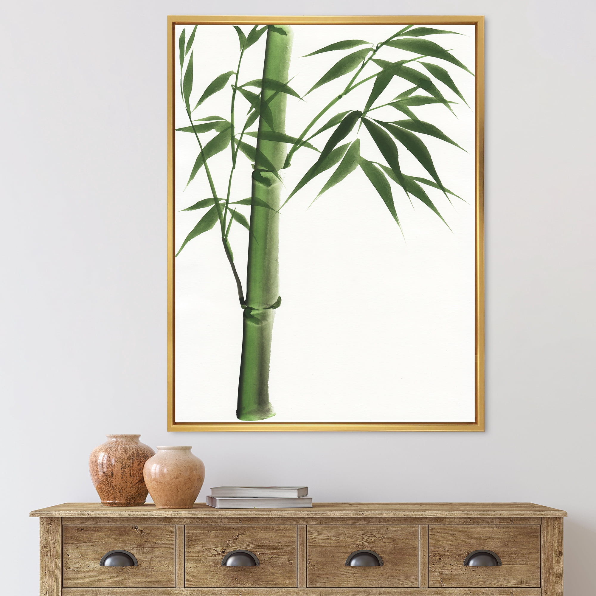 Designart 'Detail Of Dark Green Bamboo On White III' Traditional Framed Canvas Wall Art Print