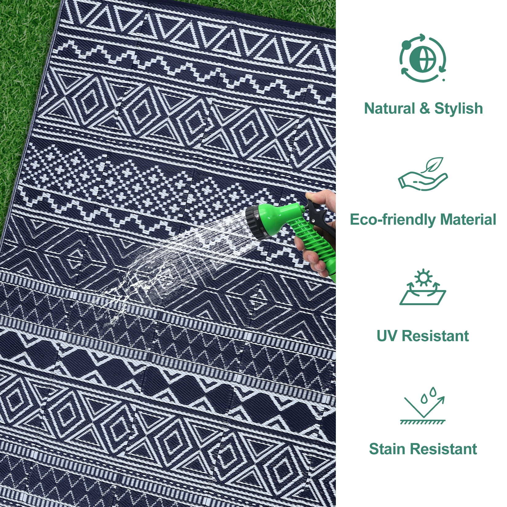 Garvee 9'x18' Plastic Outdoor Rugs, Bohemia Waterproof Straw Rug Reversible Indoor Outdoor Carpet for Patio RV Deck Porch Backyard Balcony Camping Picnic Beach, Dark Blue & White