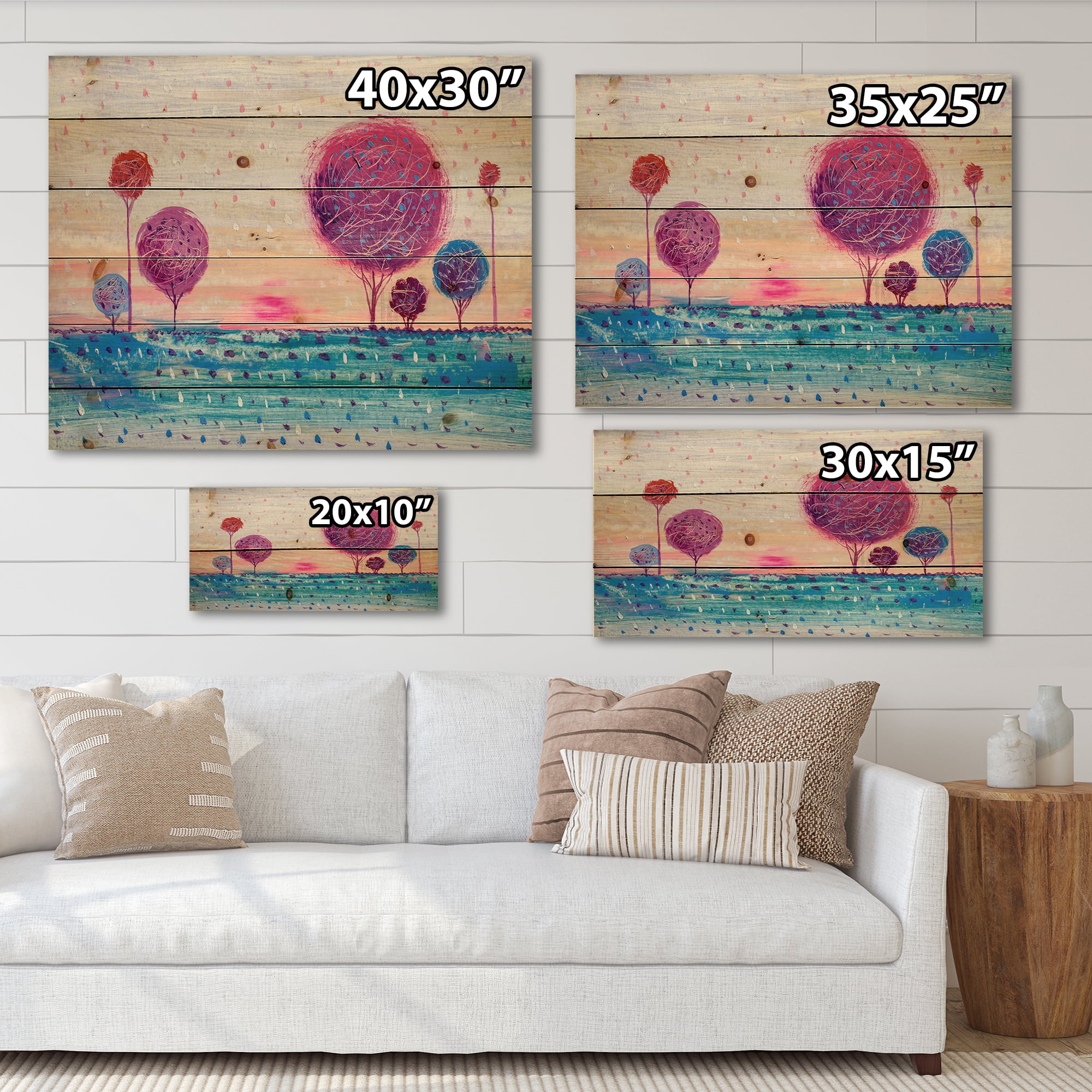 Designart 'Purple Coloured Tree Impression Landscape II' Modern Print on Natural Pine Wood