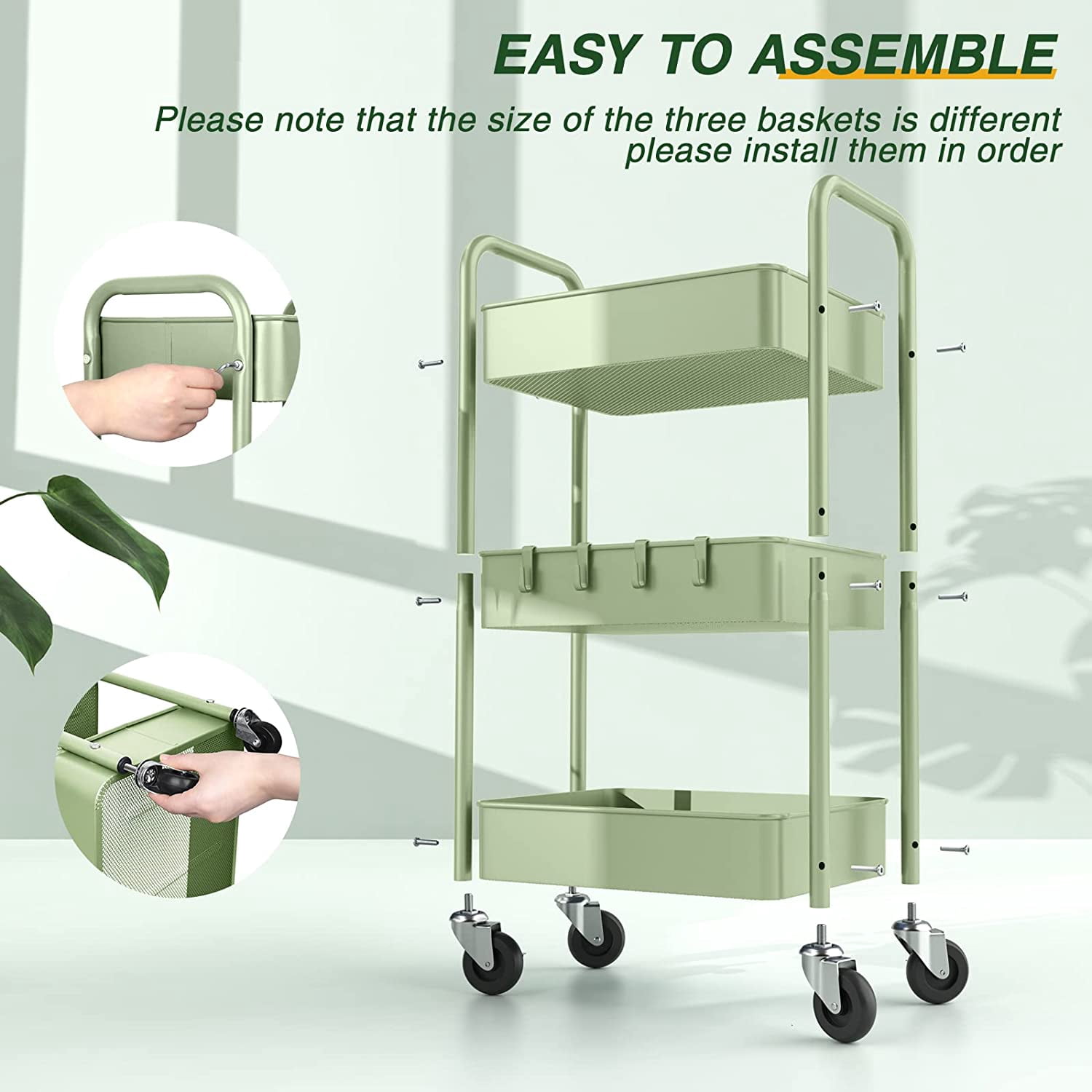 3 Tier Rolling Storage Cart, Metal Trolley Utility Cart with Wheels & Hooks, Easy Assembly Organizer Storage Cart for Bathroom Kitchen Office Bedroom