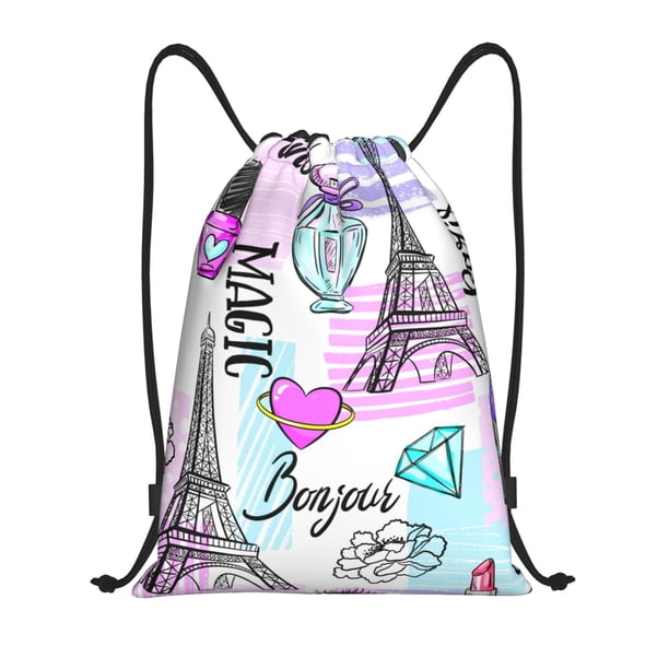 Fotbe Eiffel Tower and Hearts Bolsa Mochila con Cordón Estampada, Bolsa de Gimnasio Deportiva, Bolsa Cinch, Bolsa con Cordón para Hombres y Mujeres-Small