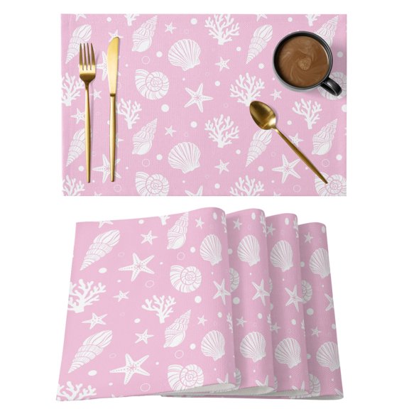 Seashell Starfish Coral Placemats Set of 4, Coastal Minimalist Nautical Pink White Marine Non-Slip Place Mats Washable Table Mats for Kitchen Dining Table Decorations Indoor/Outdoor