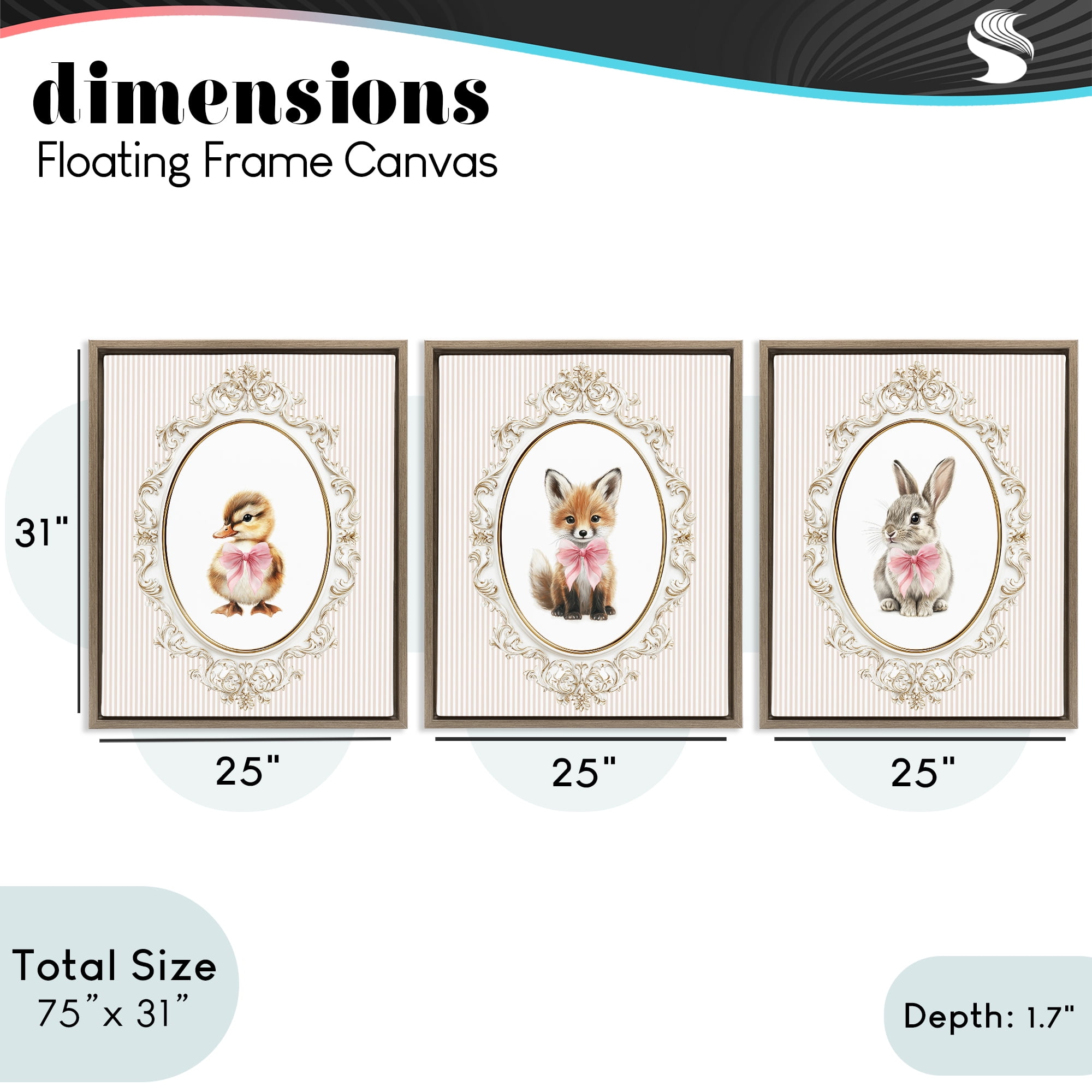 Stupell Industries Vintage Animals with Ornate Design 3 Piece Brown Framed Floater Canvas Set, design by Christine Simpson Art