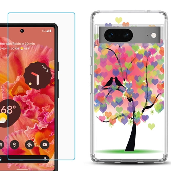 Slim-Fit Gel TPU Phone Case for Google Pixel 7, with Tempered Glass Screen Protector, by OneToughShield ® - Color Hearts Tree