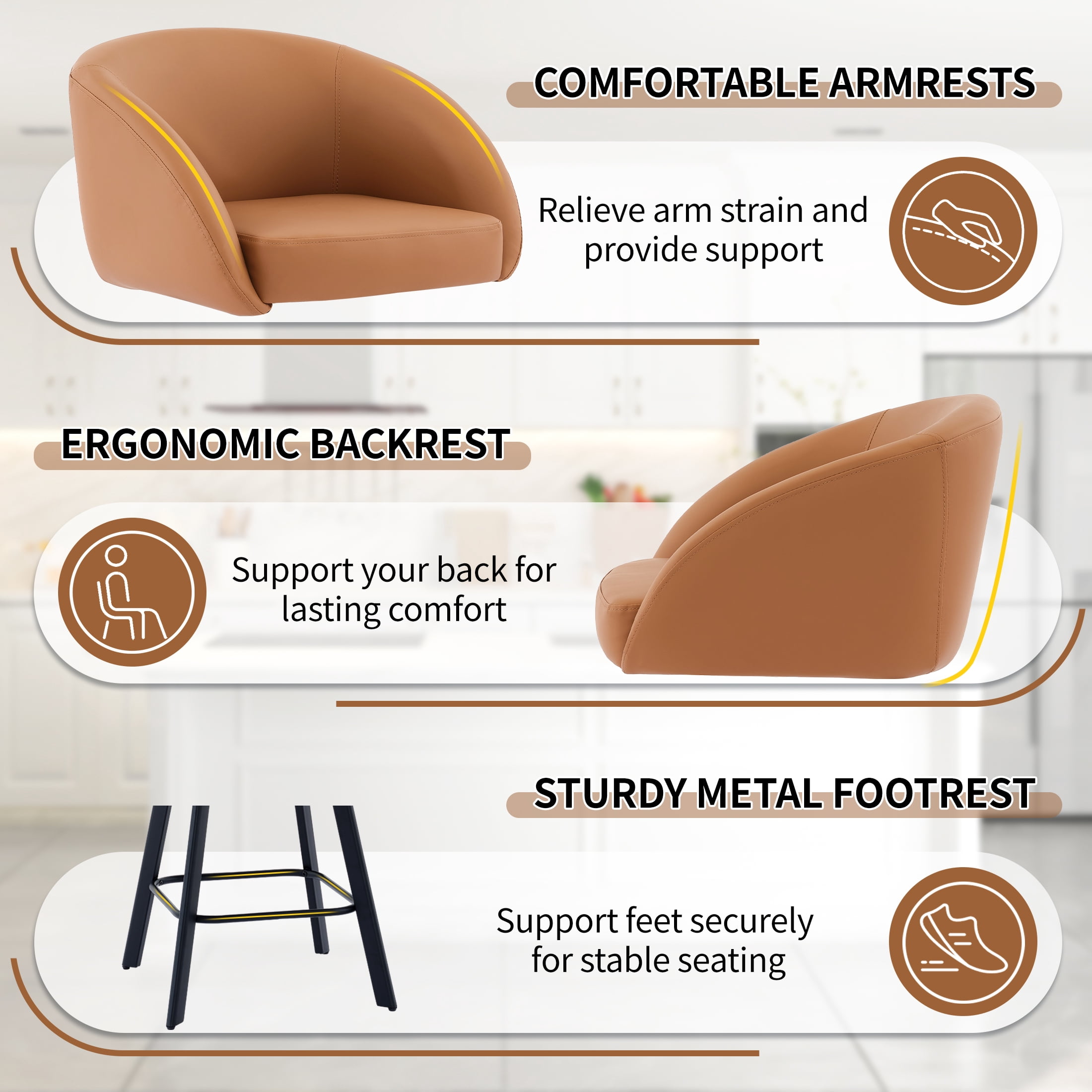 FIRAVOE Swivel Bar Stools Set of 2, 26" Counter Height Bar Stools with Back, Faux Leather Bar Chair Kitchen Barstools Counter Stools, Camel Brown