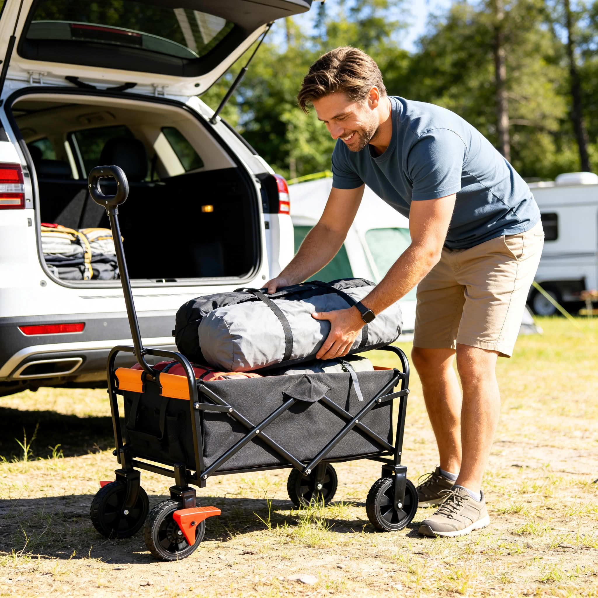 MAYEERTY Mini Folding Wagon Cart, 150LBS Brake, 600D Oxford Steel Frame, Black-Orange for Garden Beach Shopping