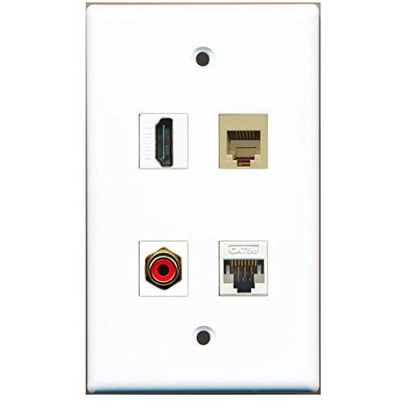 RiteAV - 1 Port HDMI 1 Port RCA Red 1 Port Phone RJ11 RJ12 Beige 1 Port Cat5e Ethernet White Wall Plate