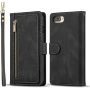 QLTYPRI Case for iPhone 7 iPhone 8, Simple PU Leather Magnetic Zipper Wallet Case with [Money Pocket] [9 Card Slots]