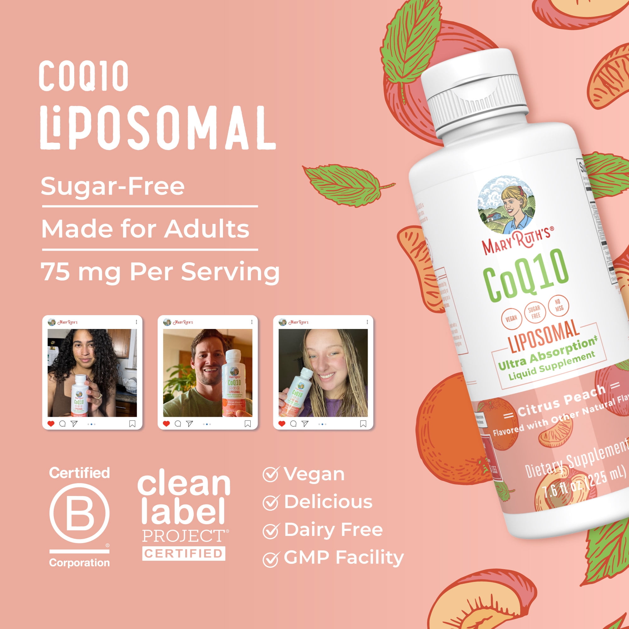 (2 pack) MaryRuth's Liquid Liposomal CoQ10 High Potency Antioxidant Energy Support Vegan Dairy-Free Gluten-Free Citrus Peach Flavor 7.6 fl oz