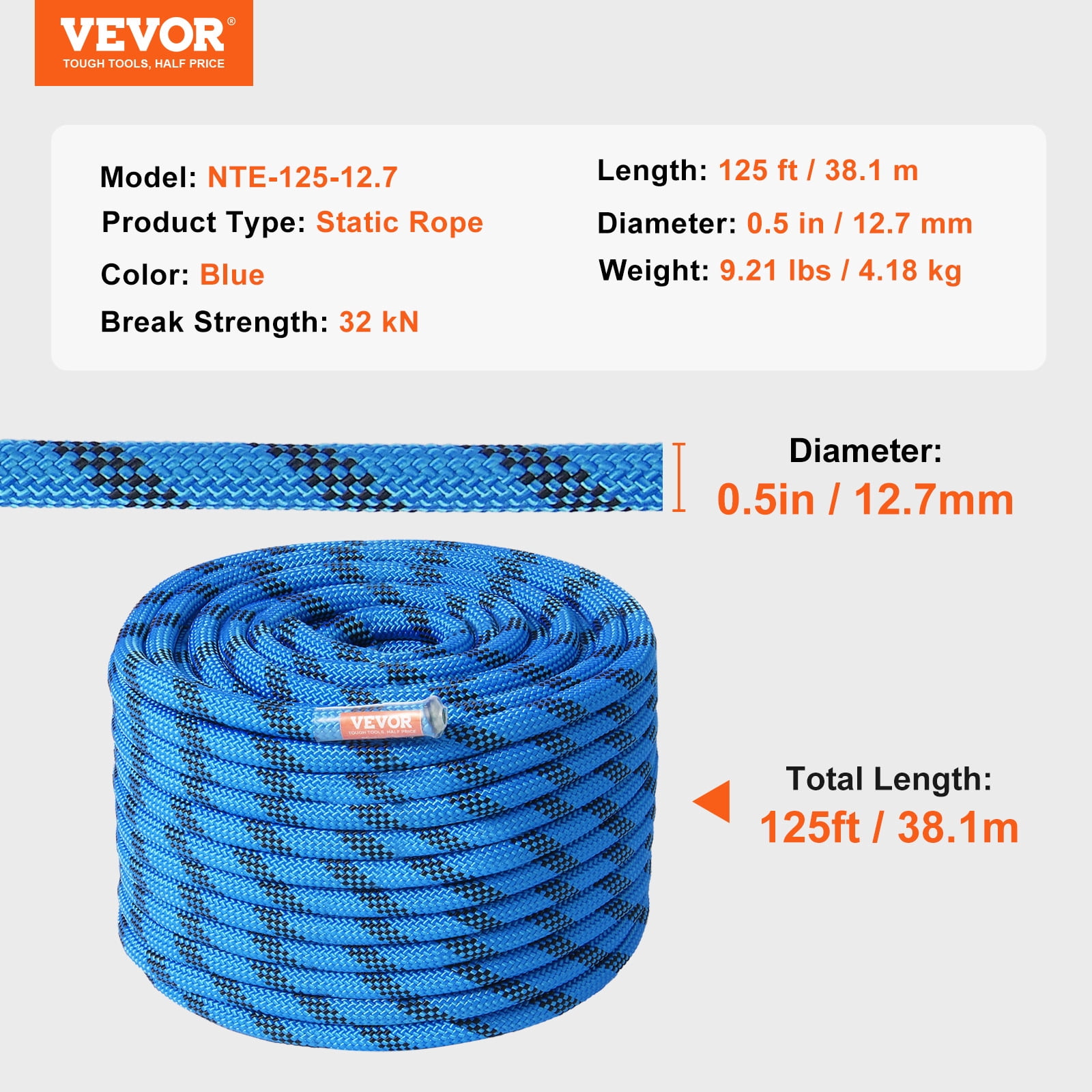 VEVOR 12.7mm Static Climbing Rope, 38M(125ft) Outdoor Rock Climbing Rope 30KN Breaking Tension, Fiber Rope with Steel Snap Hooks for Escape, Rappelling, Fire Rescue, Blue