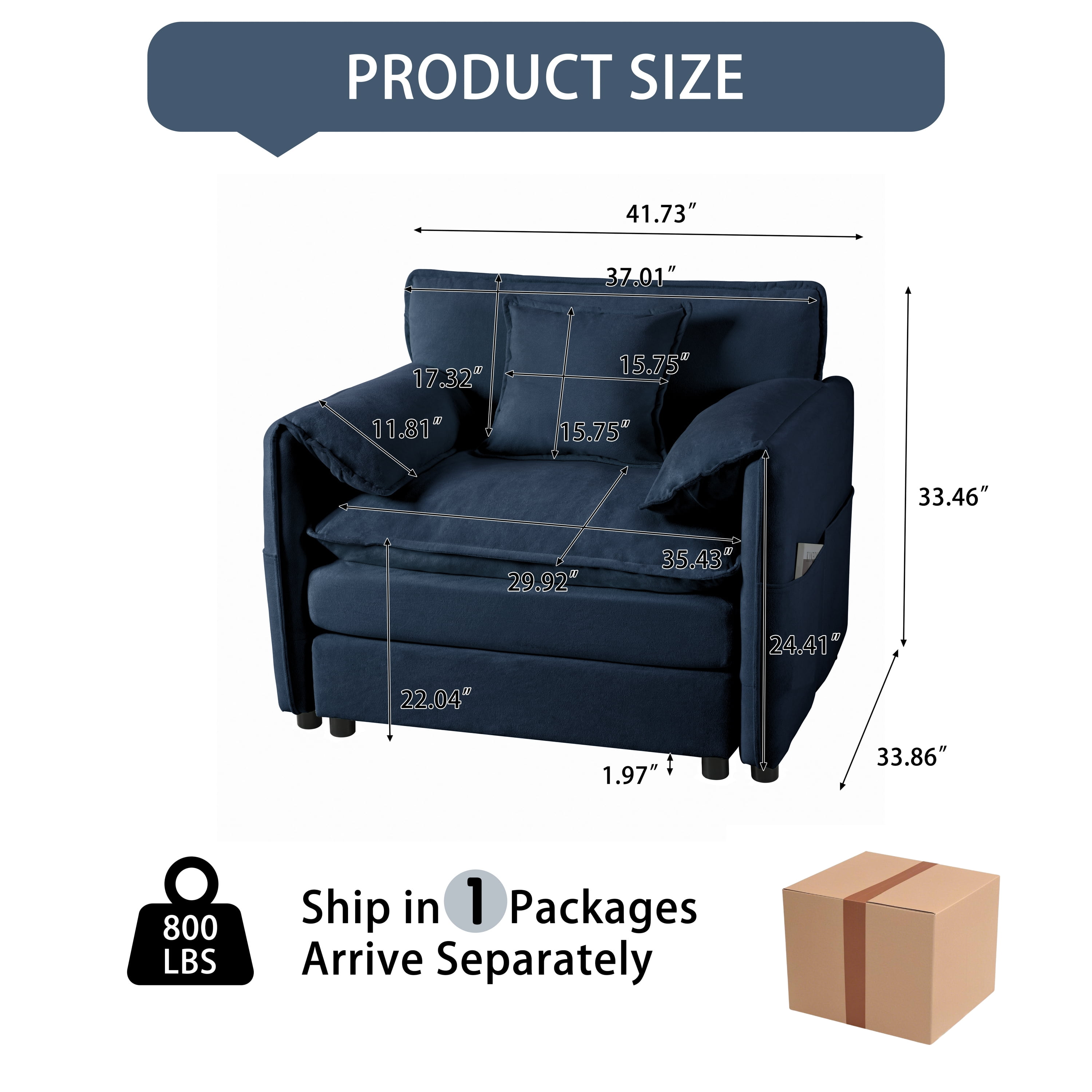 Leumius Oversized Armchair Accent Chairs,41.73" W Modern Upholstered Armchair with 1 Toss Pillow,Deep Seat Reading Sofa Chair for Living Room,Bedroom,Blue