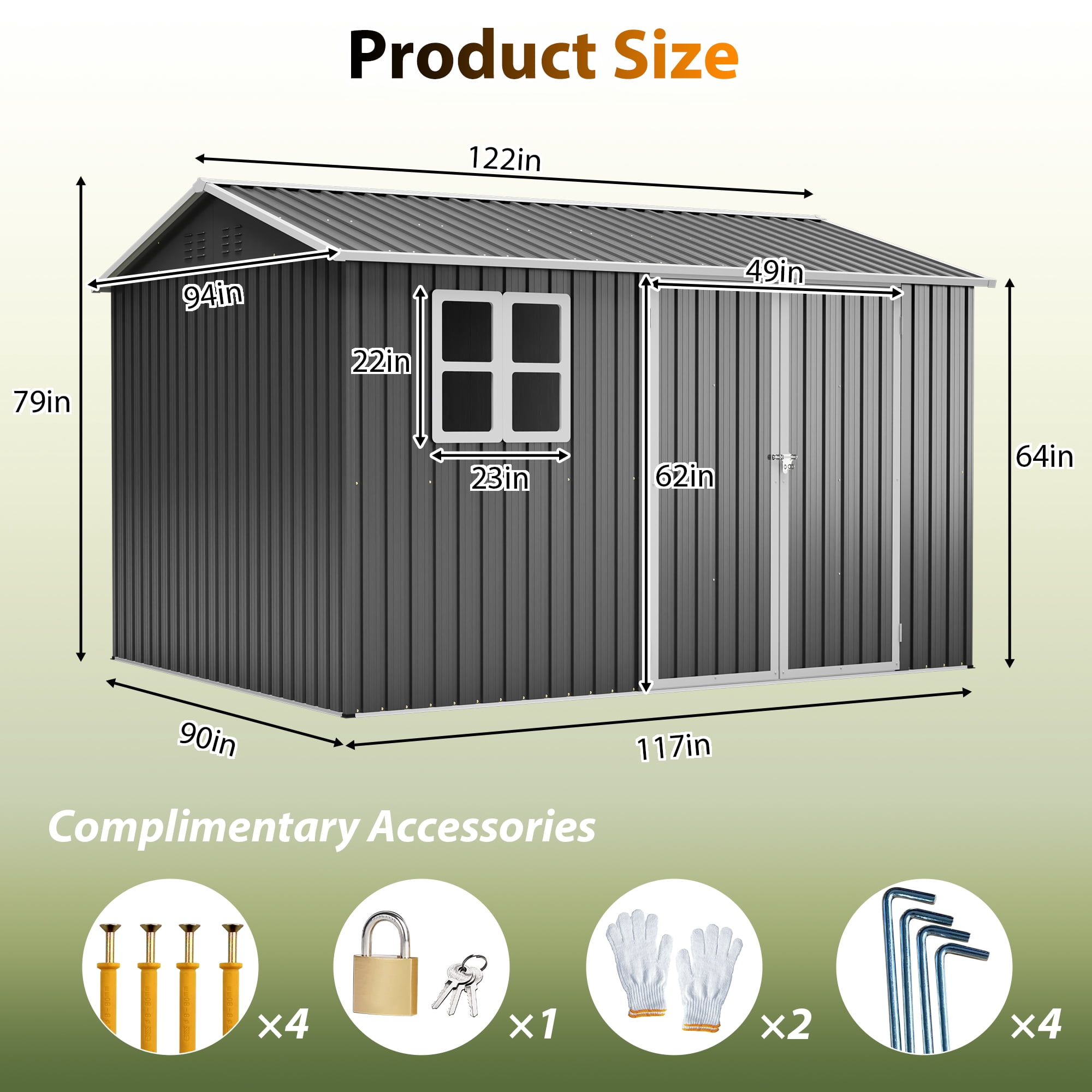 10'x8' Outdoor Storage Shed with Translucent Window, Large Metal Garden Tool Shed with Lockable Double Doors & Sloped Roof, Heavy Duty Steel Backyard Storage House for Lawn, Patio, Bike - Dark Gray