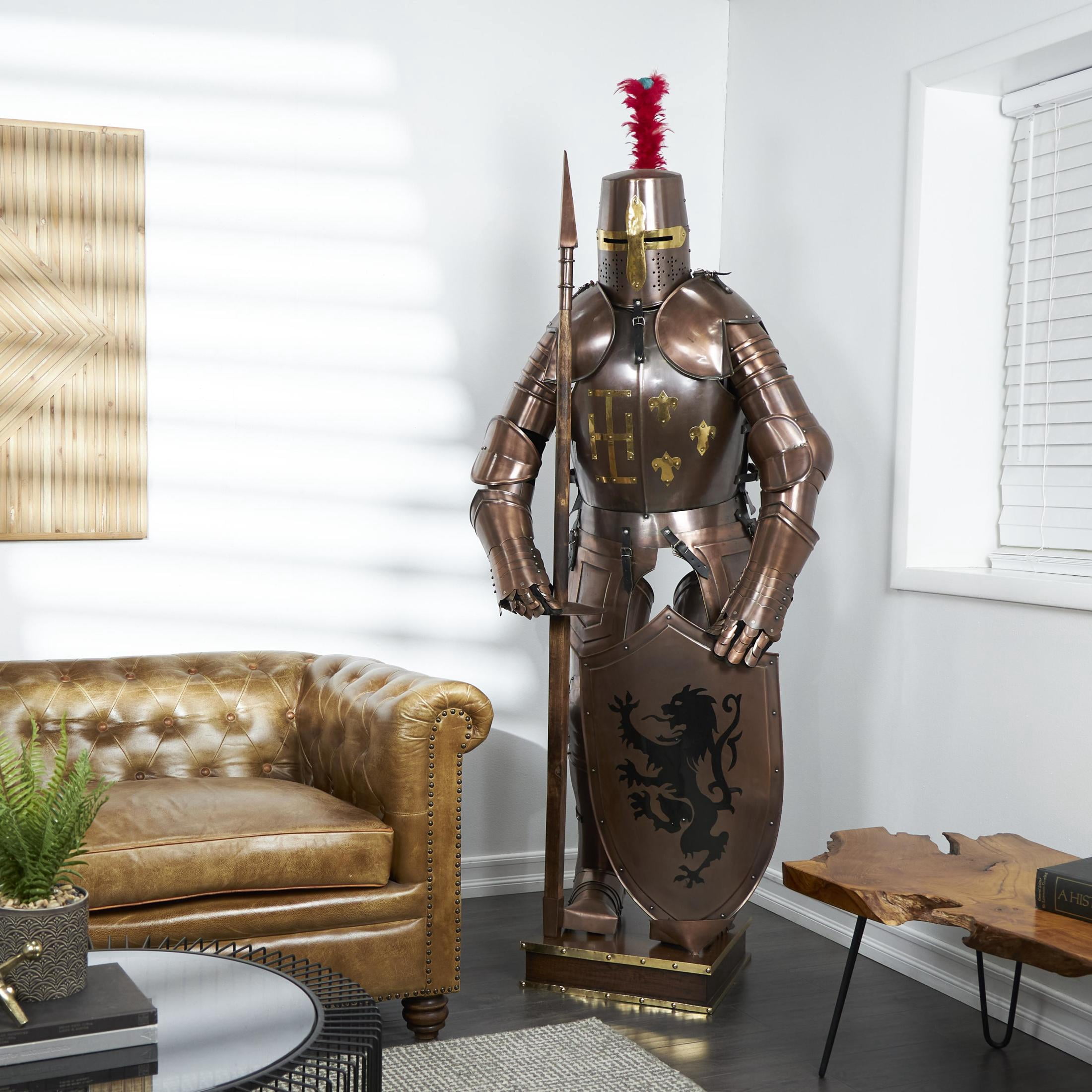 People 79" Stainless Steel Metal Replica Medieval Full Body Suit Armour with Red Plume and Shield, by DecMode