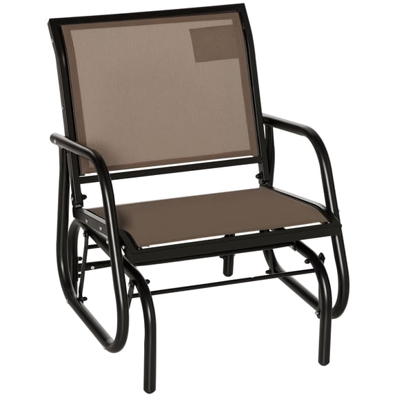 Porch Glider, Steel Frame Outdoor Swing Chair with Breathable Mesh Fabric and Curved Armrests, Brown, for Backyard, Patio or Poolside