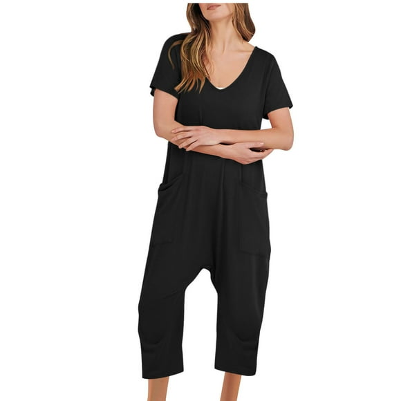 Hvobtty Women Full Length Jumpsuit Pants, Fashion Women Casual Short Sleeve Jump Solid Jumps Wide Pocket Leg Pant