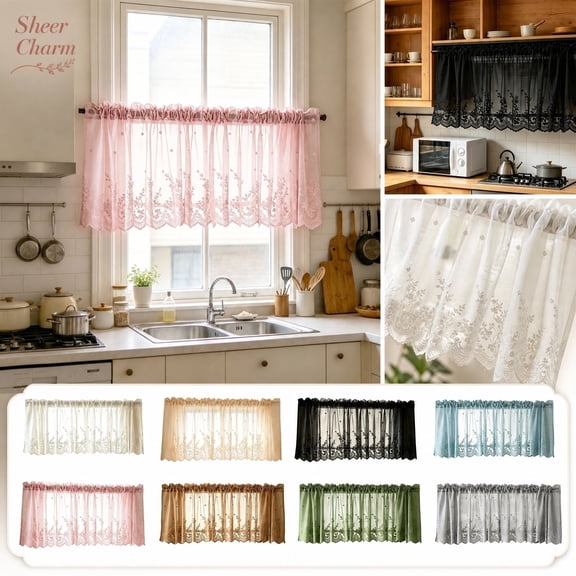 THOPBPRK Lace Kitchen Cafe Curtains Rod Pocket Sheer Curtains Fresh Small Window Short Drapes Delicate Light Filtering Voile Valances for Bathroom Living Room and RV Window , 1Pack Beige