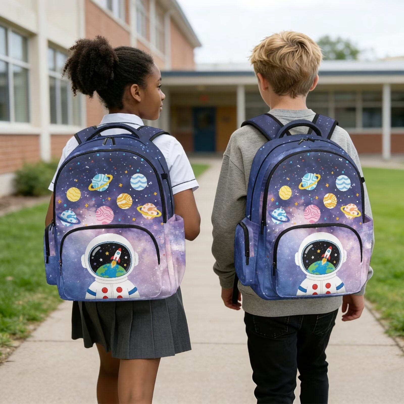 Xixirimido Astronaut Planets Galaxy Space Print 17" Multi Pockets Kids Backpack for Boys Lightweight School Bag Girls Large Bookbag for Elementary Middle High School Students