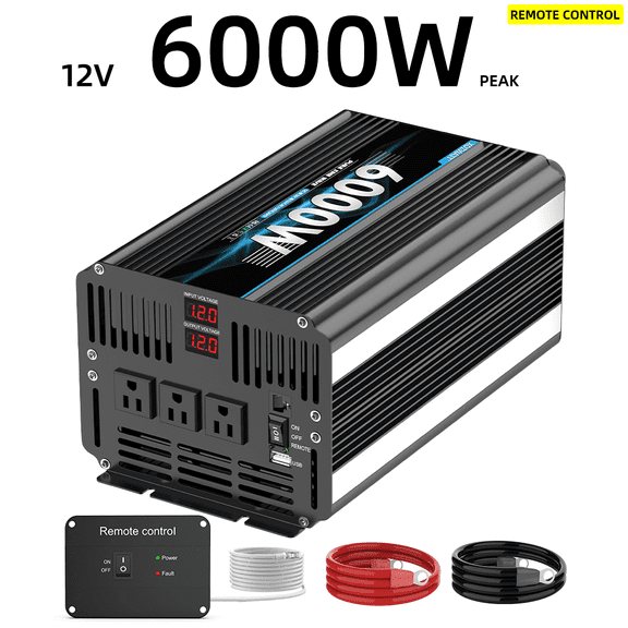 6000 Watt Pure Sine Wave Power Inverter 12V DC to 110V 120V Converter for Family RV Off Grid Solar System Car with Type-C Ports 3 AC Power Outlets USB Ports LCD Display and Remote Control,Black