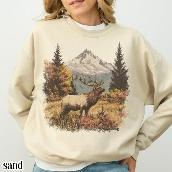 Retro Elk Vintage Fall Sweatshirt, 90s Hunter Forest Scene Pullover, Nature Americana Deer Top, Unisex Adult, Soft Cotton, Casual Everyday Wear Sand