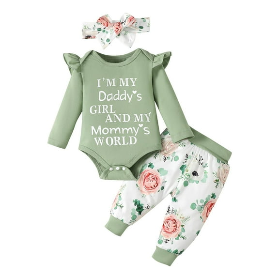 bbymog Baby Girl Outfits 3 piece Ruffle Sleeve Rompers and Pants with Headband Sets 0-3 Months Baby Girl Clothes Green 100