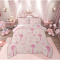 Manfei Pink Coconut Tree Bedding Comforter Set for Teen, Kawaii Ocean Seashell Twin Comforter Sets, Cartoon Theme Reversible Bedding Set, Lightweight Room Decor, 2 Pieces