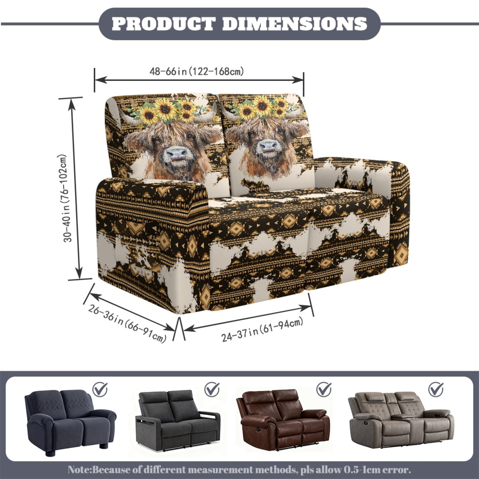 Xoenoiee Aztec Highland Cattle Sunflower Print Recliner Loveseat Covers, Stretch Reclining Sofa Covers, 2 Seater Couch Cushion Jacquard Recliner Slipcovers Furniture Protector Covers for Pet Kid