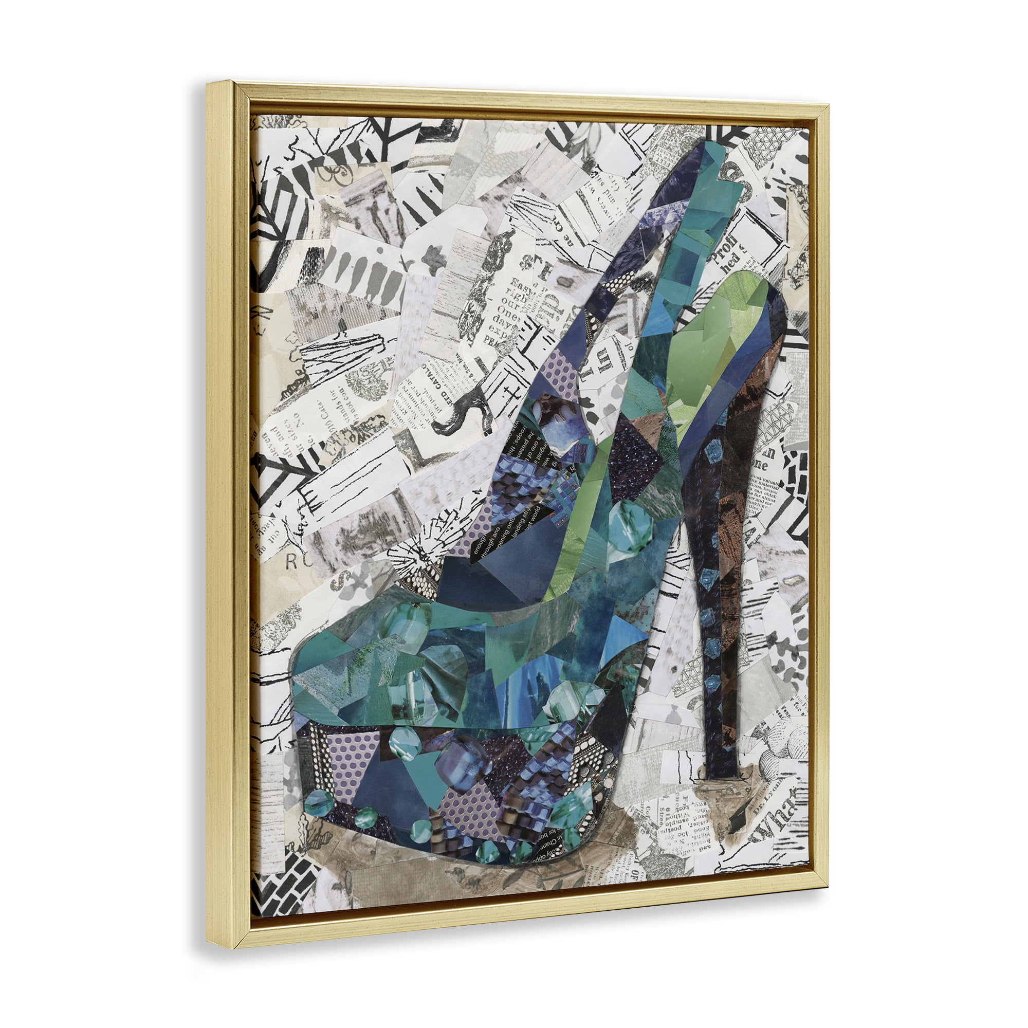 Stupell Industries Collaged High Heel Fashion Painting Gold Floater Framed Canvas Art Print Wall Art, 25 x 31